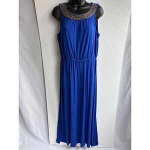 AB Studio Long Maxi Formal Dress M Cobalt Blue Beaded Neckline Event Wedding